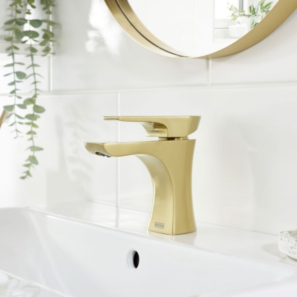 Lifestyle image of the Bristan Hourglass Brushed Brass Basin Mixer Tap & Click-Clack Waste